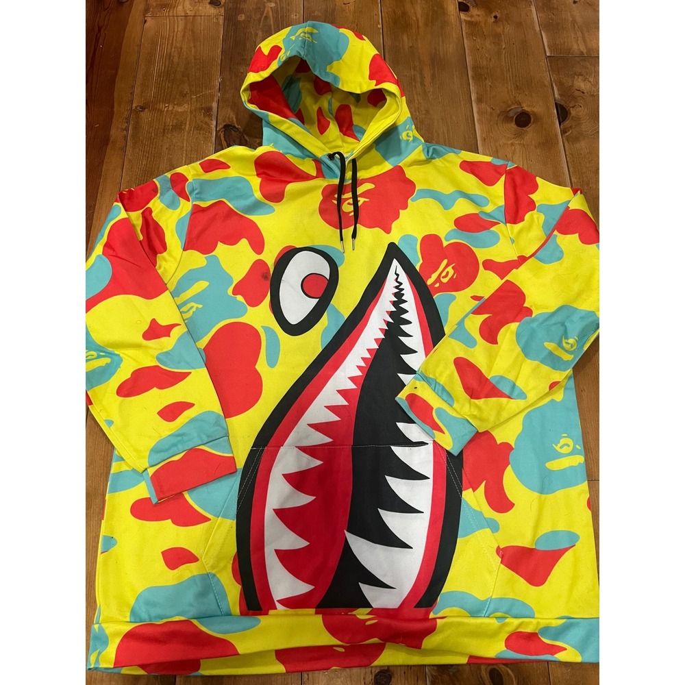 Yellow Shark Camo Hoodie Streetwear Graphic Pullover Sweatshirt Mens XL